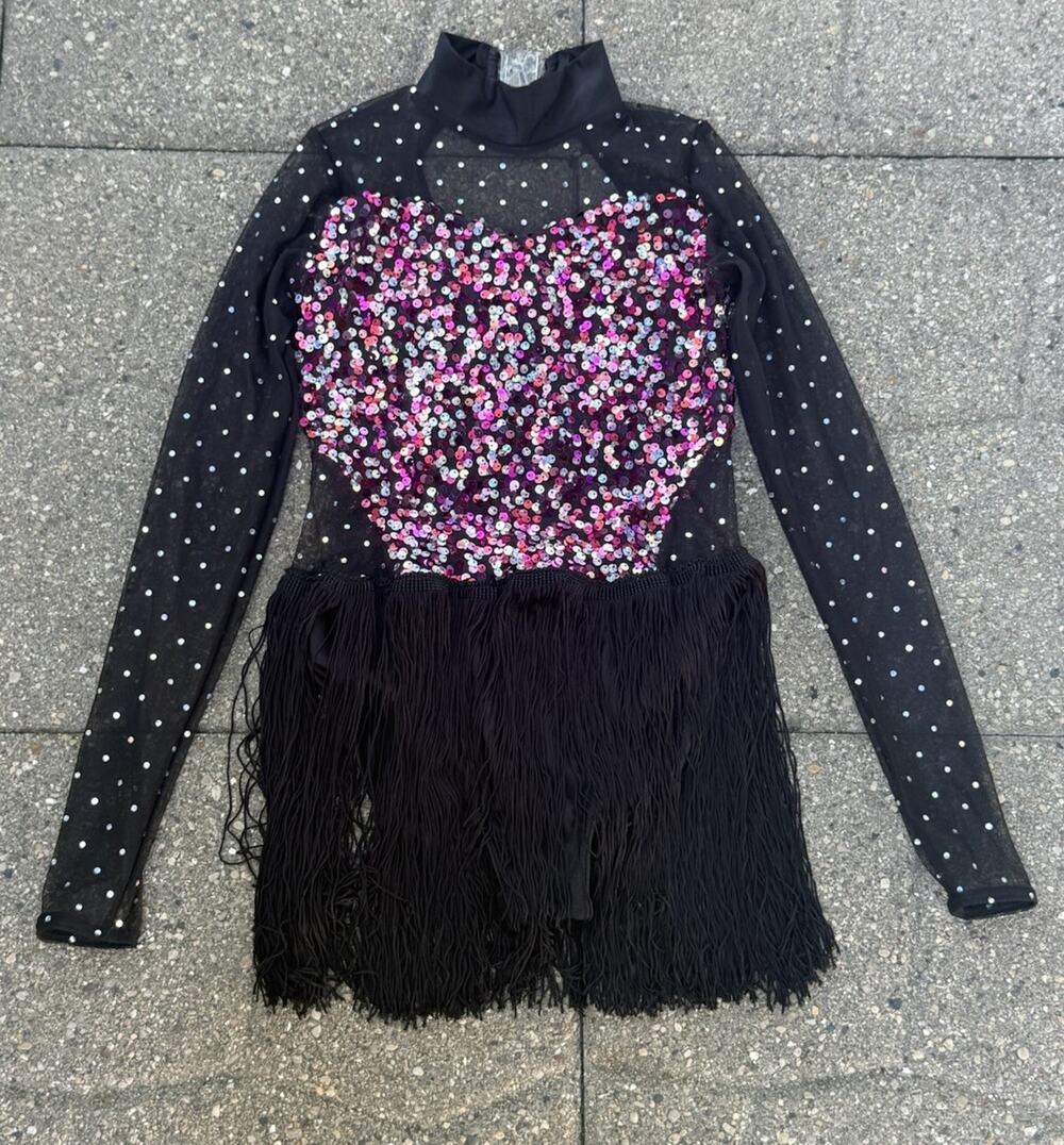 ⁠A Wish Come True Dance Costume LC Large Child Black Pink Sequin Fringe Leotard⁠